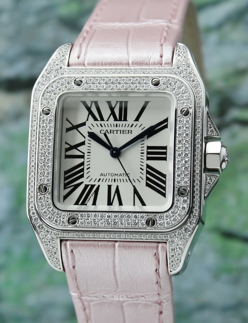 (image for) 100% Original Cartier Santos 100 Medium Size In 18K White Gold Diamond Watch / 2881